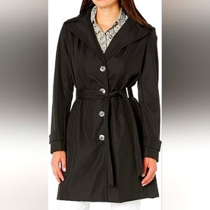 Women's Single Breasted Belted Rain Jacket with Removable Hood